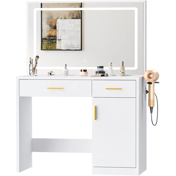 JIOABL Vanity Desk with LED Mirror, 2 Drawers & Cabinet, Power Outlets and USB Ports, Makeup Table with Storage, White