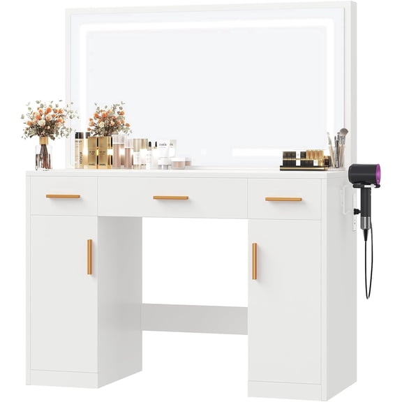 JIOABL Vanity Desk with LED Mirror, 3 Drawers & Cabinet, Power Outlets and USB Ports, Makeup Table with Storage, White