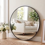 JIOABL 28 Inch Round Mirror, Metal Frame Wall Mirror for Entryway, Bathroom, Vanity, Living Room, Modern Circular Mirro, Black