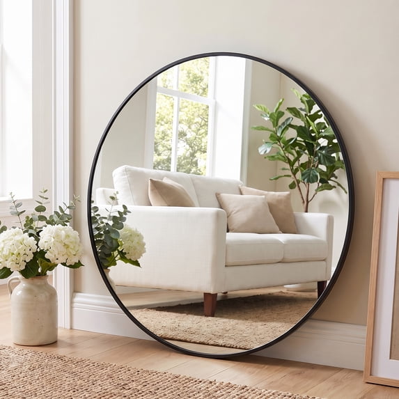 JIOABL 28 Inch Round Mirror, Metal Frame Wall Mirror for Entryway, Bathroom, Vanity, Living Room, Modern Circular Mirro, Black