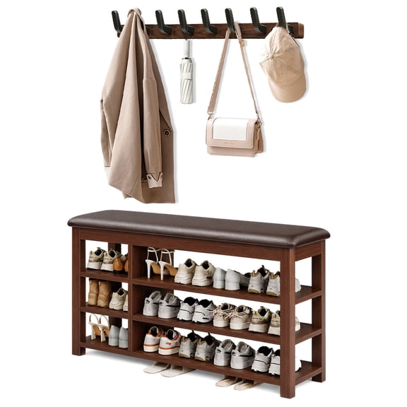 JIONEXA 3-Tier Shoe Rack Bench for Entryway with Cushion, Coat Rack Wall Mount and 39.4" Indoor Upholstered Wooden Shoe Holder Organizer for Hallway, Bedroom and Closet, Holds 20 Pairs,Walnut