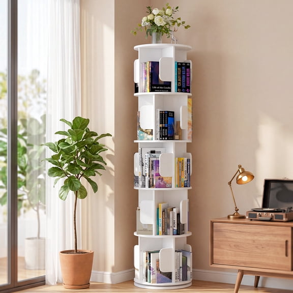 JIONEXA 5-Tier Rotating Bookshelf Tower, 360°Spinning Revolving Round Shelf MDF, Space Saving Tall Standing Swivel Corner Bookcase Storage Organizer for Small Space, Bedroom, Living Room, White