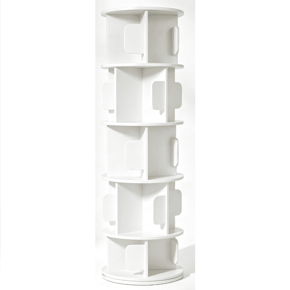 JIONEXA 5-Tier Rotating Bookshelf Tower, 360°Spinning Revolving Round Shelf MDF, Space Saving Tall Standing Swivel Corner Bookcase Storage Organizer for Small Space, Bedroom, Living Room, White