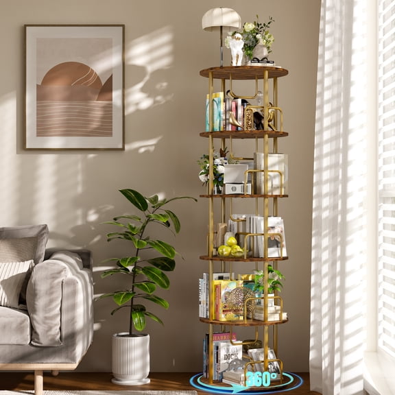 JIONEXA 5-Tier Rotating Bookshelf Tower, 360°Spinning Revolving Round Shelf Metal, Space Saving Tall Standing Swivel Corner Bookcase Storage Organizer for Small Space, Bedroom, Living Room, Gold