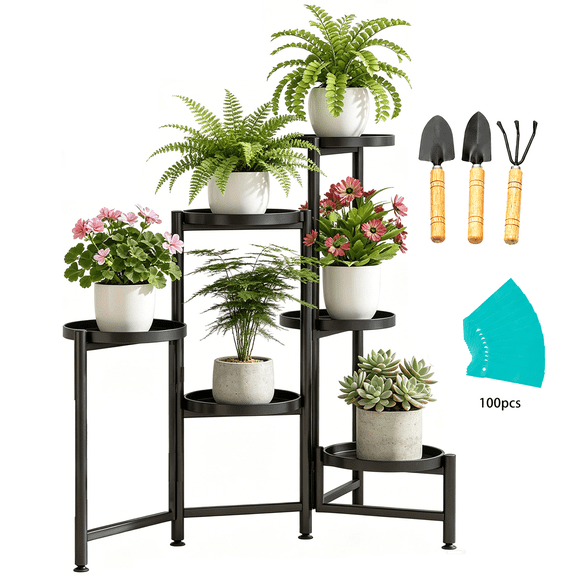 JIONEXA 6 Tier Corner Plant Stand, 29 Inch Tall Metal Folding Flower Holder Shelves, Multi Tier Small Plant Display Rack for Indoor Living Room Home Decor, Black