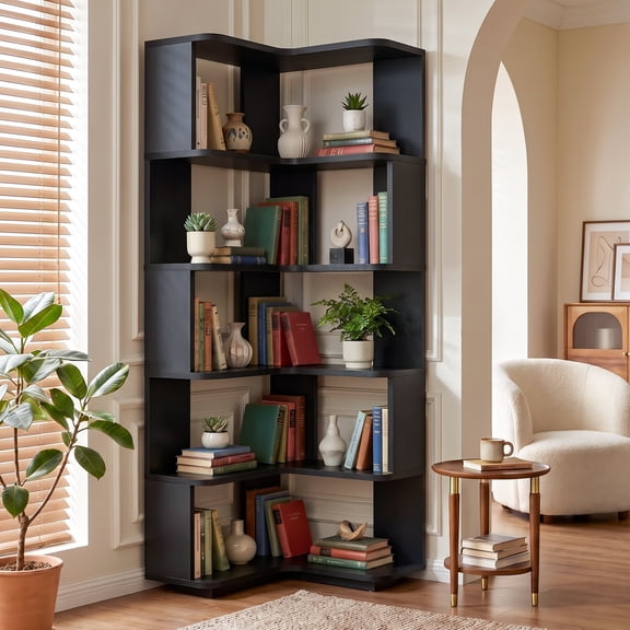 Corner Bookshelf, 5 Tiers Corner Shelf, L-Shaped Storage Shelves with Anti-Tip Anchor, Space-Saving Open Bookcase, 64" Tall Display Shelves for Bedroom, Living Room, Home Office, 66Lb, Black