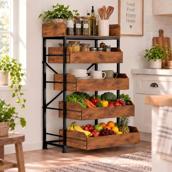JIONEXA Fruit and Vegetable Storage Rack with Pull Out Drawers, 5-Tier Fruit Basket, 110 Lbs, X-Frame, Potato & Onion Storage Bin, Vegetable Holder, Kitchen Organizer Snack Stand, Rustic Brown