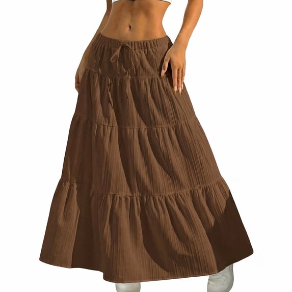 JIRNYORLL Womens Boho Flowy Maxi Skirt Ruffle Tiered Elastic Waist 2026 Fall 2026 Fall Beach Vacation Casual Long Skirts, Brown S