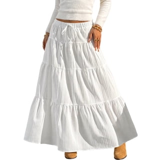 JIRNYORLL Womens Boho Fall Flowy Maxi Skirt Ruffle Tiered Elastic Waist Beach Vacation Casual Long Skirts, White L