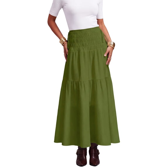 JIRNYORLL Womens Fall Smocked Tiered Maxi Skirt with Pockets Drawstring Elastic High Waisted A Line Long Skirts, Army Green M