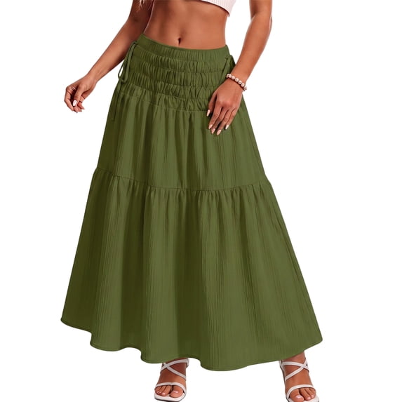 JIRNYORLL Womens Smocked Tiered Maxi Skirt with Pockets Drawstring Elastic High Waisted A Line Long Skirts, Army Green M