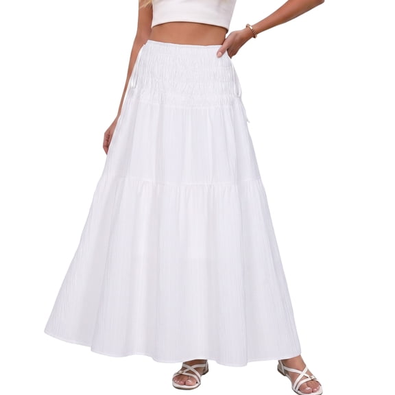 JIRNYORLL Womens Smocked Tiered Maxi Skirt with Pockets Drawstring Elastic High Waisted A Line Long Skirts, White S