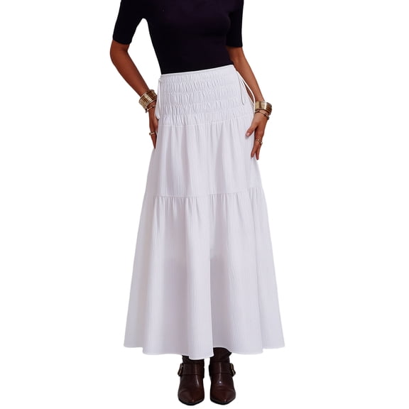 JIRNYORLL Womens Smocked Tiered Maxi Skirt with Pockets Drawstring Elastic High Waisted A Line Long Skirts, White S