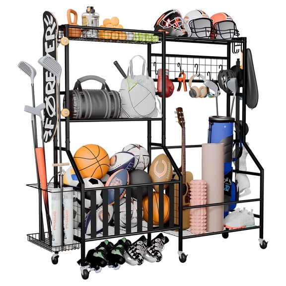 JIRTEMOT Sports Equipment Organizer Pro, Heavy Duty Golf Bags Stand, Extra Large Ball Storage Rack for Garage, Sports Gear Storage with Pegboard and Hooks, 360 Swivel Wheels