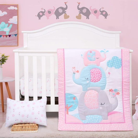 JISEN 3-Piece Pink Elephant Crib Bedding Set - Microfiber Quilt, Sheet, Pillowcase for Baby Girls