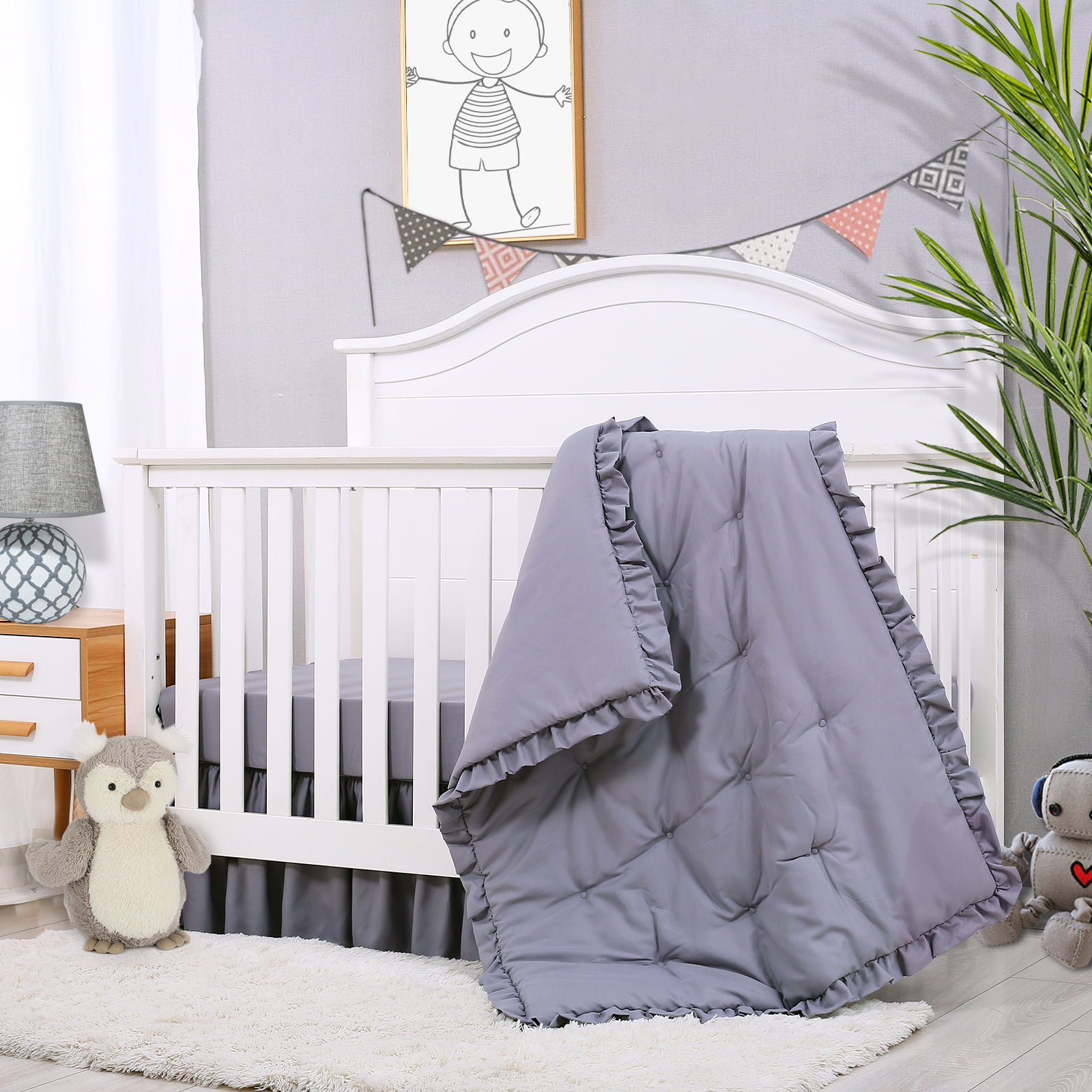 JISEN 3 Pieces Crib Bedding Set Grey Standard Size Baby Bedding Set