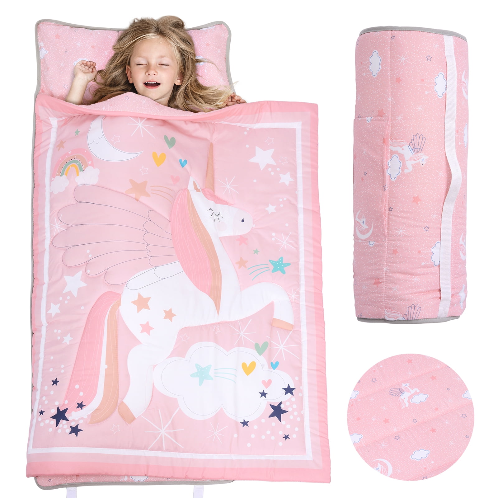 JISEN Toddler Nap Mat with Blanket & Pillow - Unicorn Slumber Bag for ...