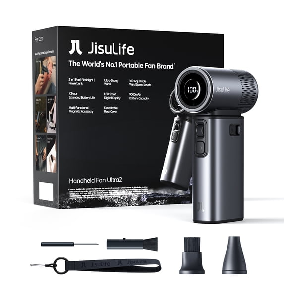 JISULIFE 2026 Portable Fan Ultra2, 9000mAh Max 25 Hrs, 5 IN 1, 100 Speed Turbo Fan Rechargeable 18W Power Bank with Flashlight, Metal Shell Multi-Function Travel Essentials Gifts for Men-Grey