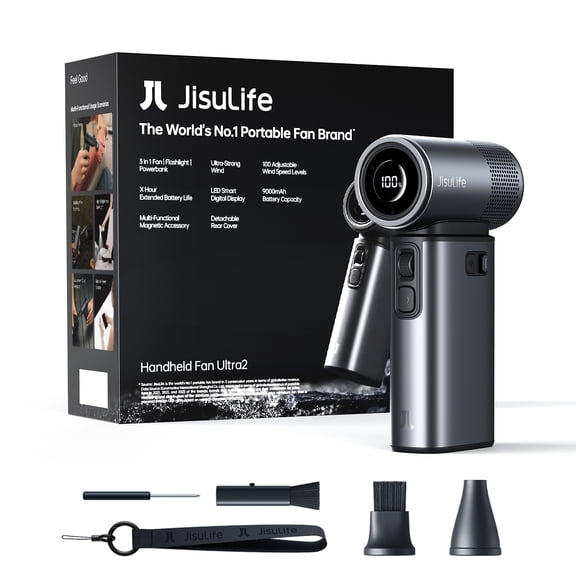 JISULIFE 2026 Portable Fan Ultra2, 9000mAh Max 25 Hrs, 5 IN 1, 100 Speed Turbo Fan Rechargeable 18W Power Bank with Flashlight, Metal Shell Multi-Function Travel Essentials Gifts for Men-Grey