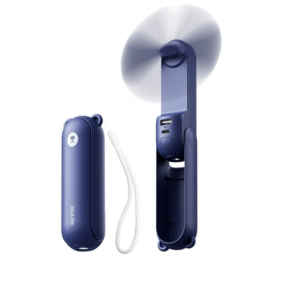 JISULIFE Portable Mini Fan, Rechargeable Handheld Fan, 19Hrs Runtime with Flashlight & Power Bank, 3 IN 1 Foldable Pocket Fan for Travel, Office, Gift for Women -Blue