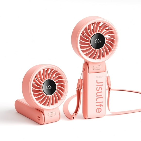 JISULIFE Versatile Portable Fan with LED Display, 3600mAh USB Rechargeable Battery, 5-Speed, Lanyard Included-Pink