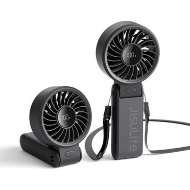 JISULIFE Versatile Portable Fan with LED Display, 3600mAh USB Rechargeable Battery, 5-Speed, Lanyard Included-Black