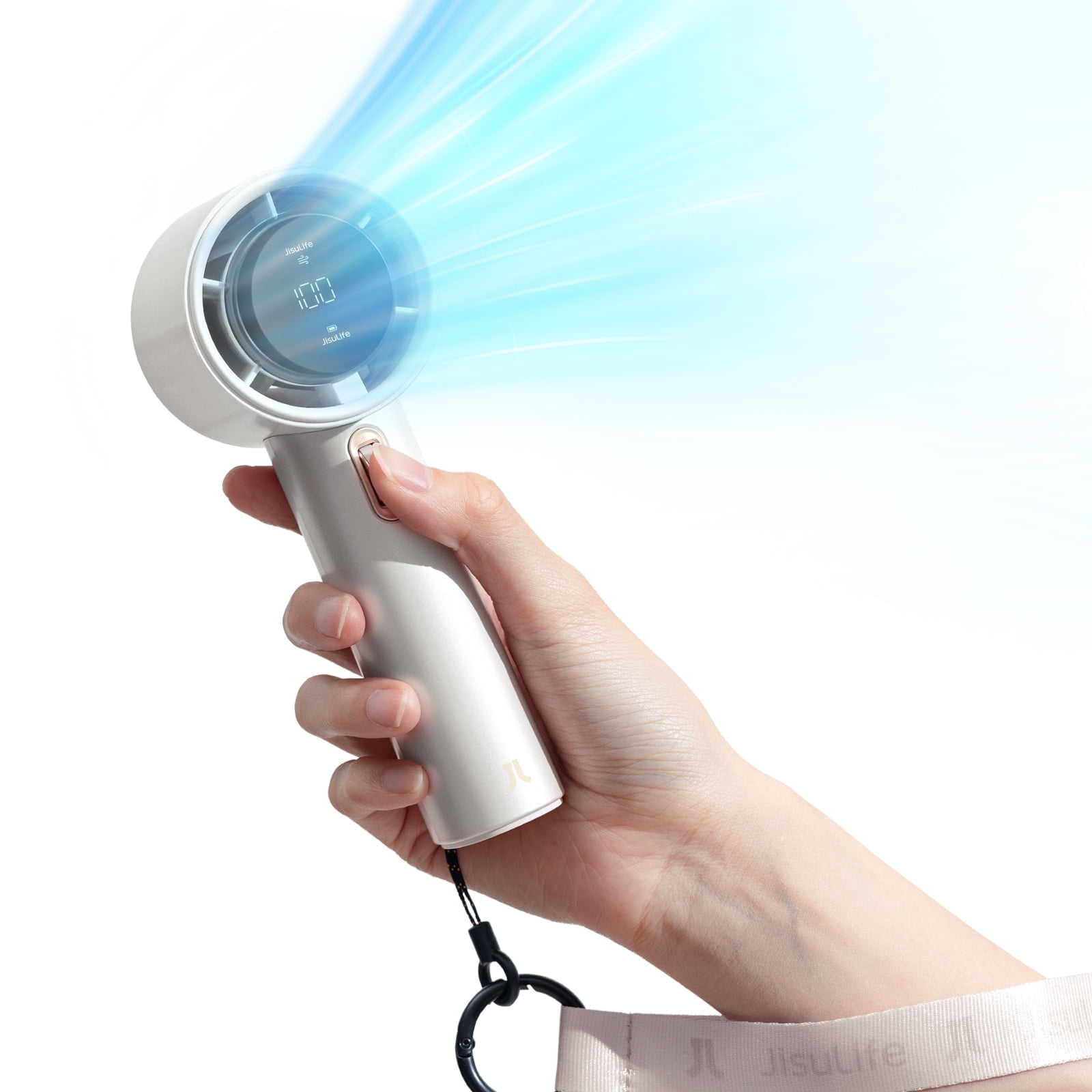 JISULIFE Portable Handheld Fan, Turbo Power High Speed Air [12Hrs Cooling], 100 Speeds, 3600mAh USB Rechargeable Mini Personal Fan, Digital Display, Gift for Travel/Outdoor -white