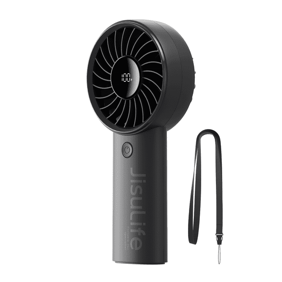 JISULIFE Handheld Fan - 5-Speed LED Display & 3600mAh Battery, USB-C Rechargeable with Lanyard, Compact Cooling for Travel/Beach/Makeup