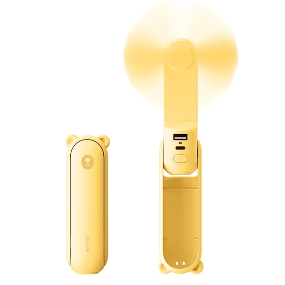 JISULIFE Portable Handheld Fan, Mini Personal Fan, 3 Speeds, 12–19H Runtime Rechargeable Power Bank Fan with Flashlight for Travel/Outdoors,Gift for Women -Light Yellow