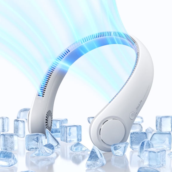 JISULIFE Portable Neck Fan, Rechargeable Wearable Fan, Bladeless Hands-Free Cooling, Quiet 25dB, 5 Speeds, 16H Battery Life, Essential for Indoor/Outdoor, Gift for Women, Men - White