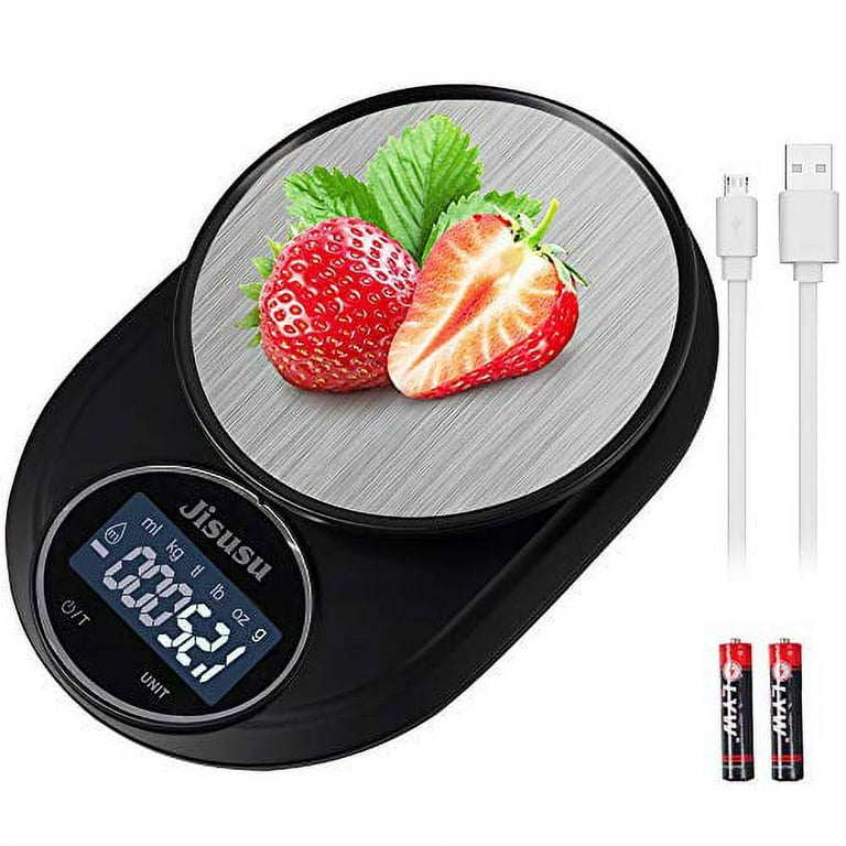 JISUSU Digital Food Scale ,11lb USB Rechargeable Food Kitchen Scale with  0.1g/0.001oz Precise Graduation,Tare Function, 7 Units LCD Display Scale  Weight Grams and oz for Cooking and Baking 