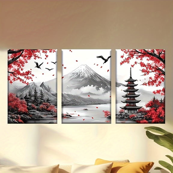 [JIT]3pcs, Canvas painting--Unframed, mountain scene with red leaves and birds, Artist Drawing Set, living room, office, library, bar, cafe, abstract art, perfect birthday, holiday gift, Easter egg,