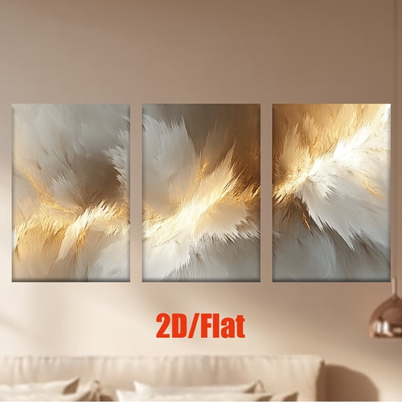 [JIT]3pcs/set, 2D/Flat canvas paintings-frameless, An abstract painting of white and Golden feathers, Mixed Painting, living room, office, home decoration, Bedroom, Party, cafe, abstract art, librar