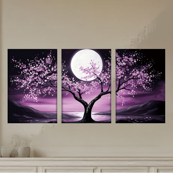 [JIT]3pcs/set, Canvas painting--Unframed, Purple tree of life in moonlight, Posters and prints, bar, office, perfect birthday, living room, cafe, abstract art, library, holiday gift, Easter egg, Apr