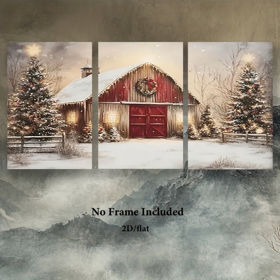 [JIT]Poster and printed materials, 3pcs, Canvas painting--Frameless, Snowy barn with Christmas decor, Wall Art for Home, Office, Bar, Cafa, Classroom, Dormitory, Bathroom, Holiday gift, Father's Day