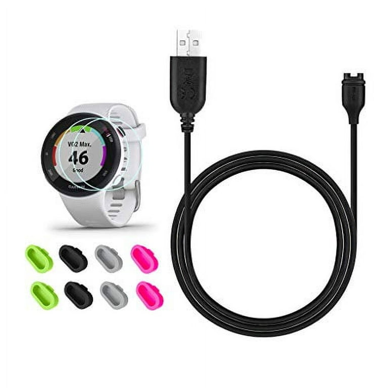 JIUJOJA for Garmin Forerunner 45 45s Charger, Charging Clip Sync Data Cable  and 2Pcs HD Tempered Glass Screen Protector and 8Pcs Charger Port Protector  for Garmin Forerunner 45 Sports Smart Watch 