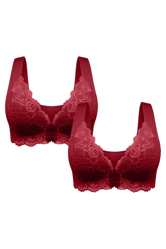 2 Pack Front Closure Bras for Women Plus Size Lace Full Coverage Sleep Bras Breathable Push up Bras