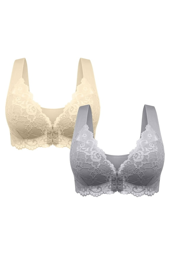 2 Pack Front Closure Bras for Women Plus Size Lace Full Coverage Sleep Bras Breathable Push up Bras