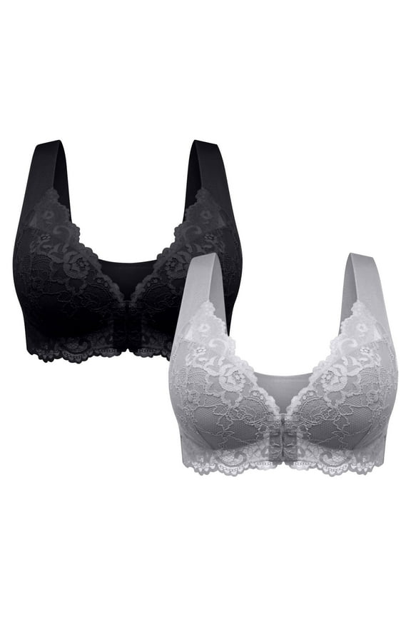 2 Pack Front Closure Bras for Women Plus Size Lace Full Coverage Sleep Bras Breathable Push up Bras