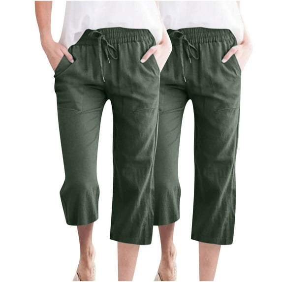 JIUKE 2PC Capri Pants for Women Casual Loose Comfy Cotton Linen Pants Lightweight Cropped Lounge Trousers with Pockets