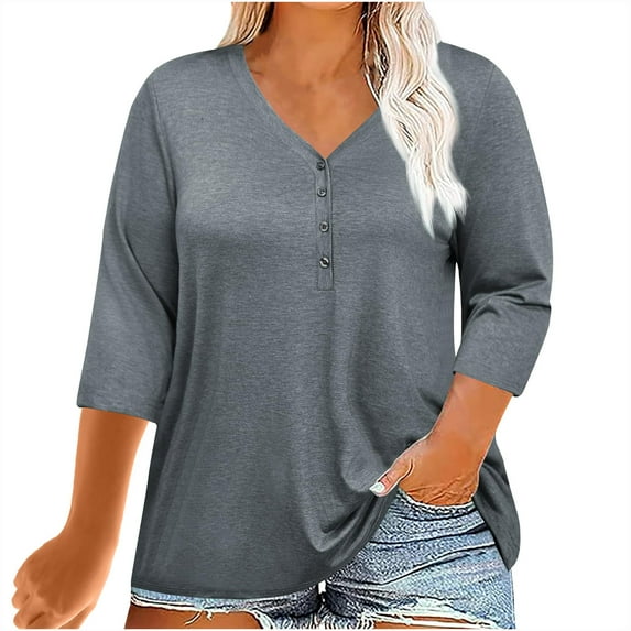 JIUKE 3/4 Sleeve Shirts for Women Plus Size V Neck Solid T-Shirts Casual Loose Summer Tunic Tops