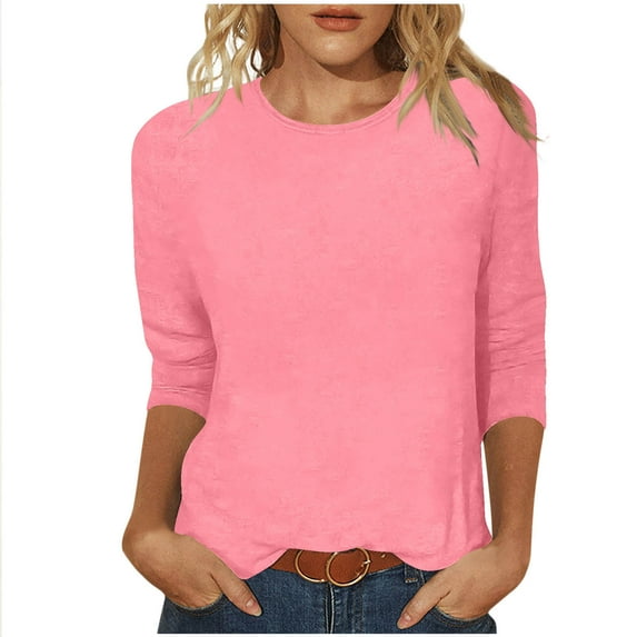 JIUKE 3/4 Sleeve Shirts for Women Round Neck Summer Tops Solid Color Casual Comfy Tees Shirts
