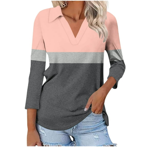 JIUKE 3/4 Sleeve T Shirts for Women V Neck Lapel Basic Tunic Tops Color Block Casual Loose Tees Size M