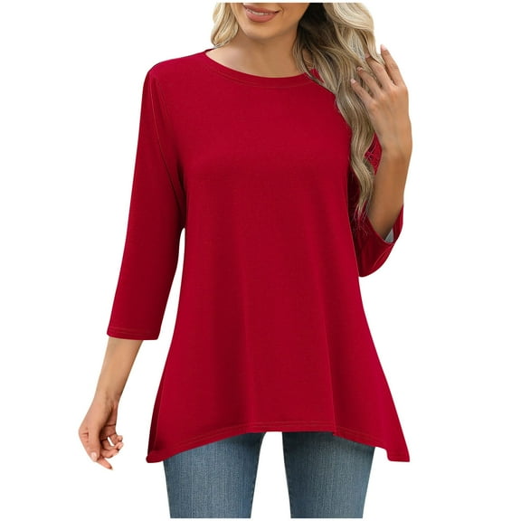 JIUKE 3/4 Sleeve Tops for Women Loose Fitted Dressy Casual Blouse Pleated Tunic Tops to Wear with Leggings Size L