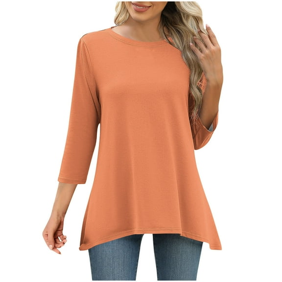 JIUKE 3/4 Sleeve Tops for Women Loose Fitted Dressy Casual Blouse Pleated Tunic Tops to Wear with Leggings Size L