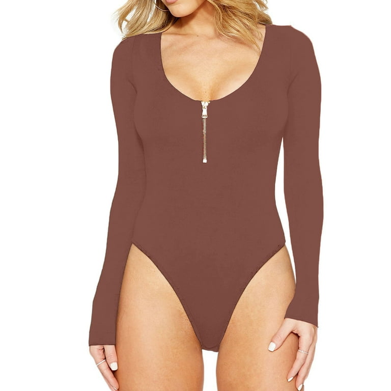 JIUKE Black and Friday Shapewear Bodysuit Womens Scoop Neck Long Sleeve Top  Bodysuits Sexy Backless Ribbed Body Suits Jumpsuit,Brown XXL
