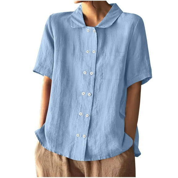 JIUKE Button down Shirts for Women Short Sleeve Cotton Linen Blouses Lapel Solid Lightweight Dressy Tops