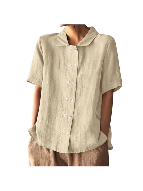Button down Shirts for Women Short Sleeve Cotton Linen Blouses Lapel Solid Lightweight Dressy Tops