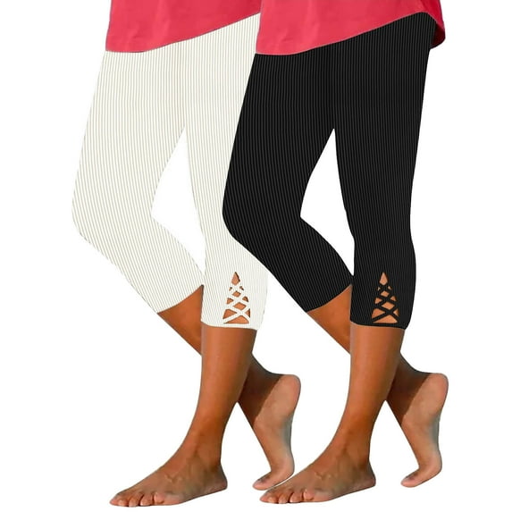 JIUKE Capri Leggings for Women Ribbed Knit Belly Control Workout Yoga Pants Soft Stretchy Slim Leggings Pack of 2 Size XL