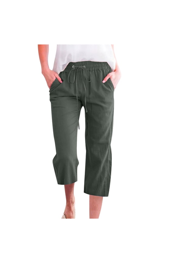 Capri Pants for Women Plus Size Cotton Linen High Waisted Capris Drawstring Baggy Lounge Cropped Trousers